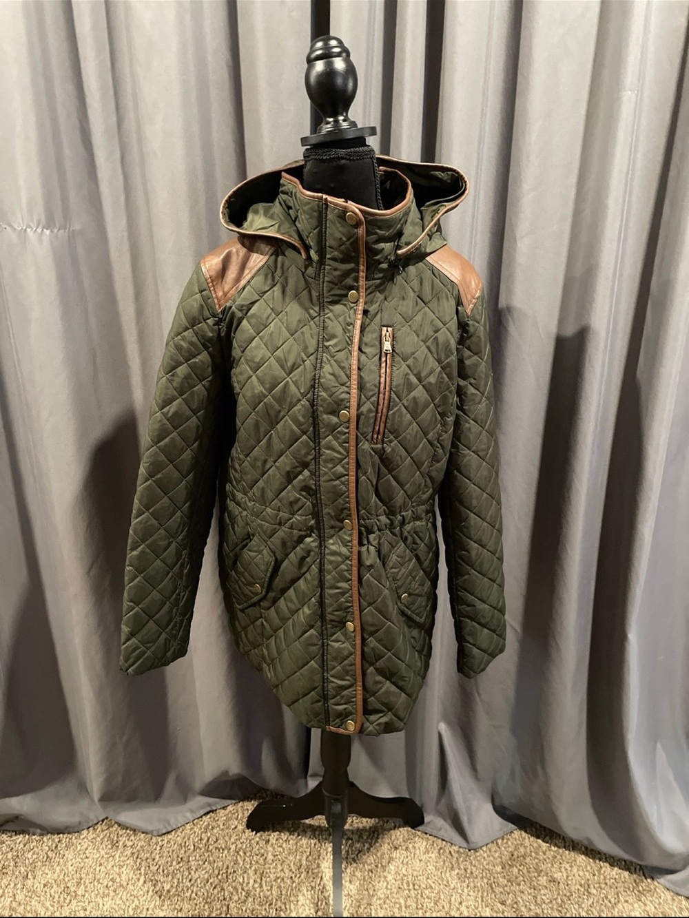 Lauren, Ralph Lauren, faux, leather, trim, quilted jacket, olive, large petite